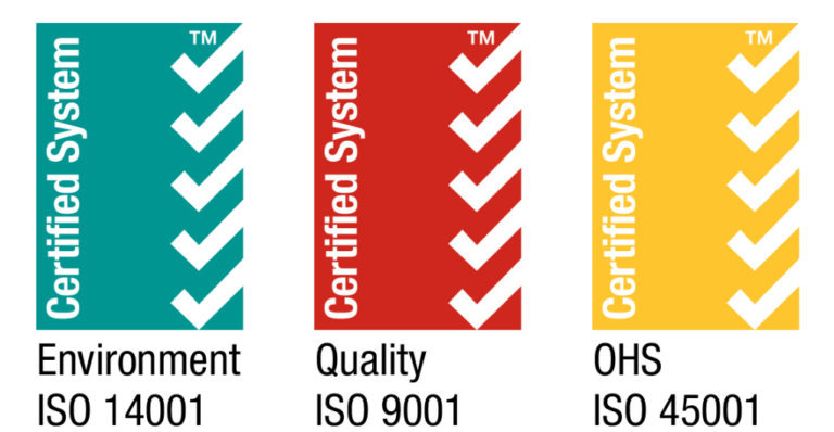 ISO 14001, 9001 and 45001 certification marks